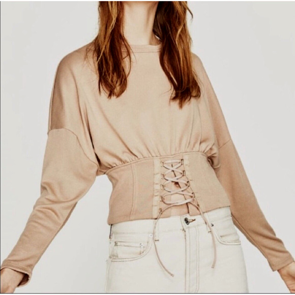 NWT Zara W & B Collection Tan Long Drop Sleeve Front Corset Lace Up Waist Top M - Picture 2 of 12